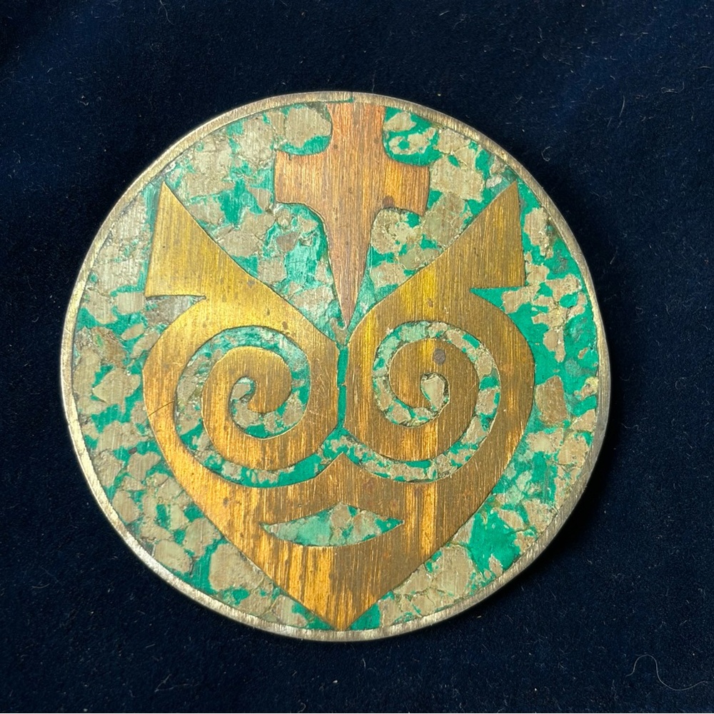 Vintage Taxco Mexico Round Sterling Silver Aztec Inlay Brooch Pin Pendant 23g